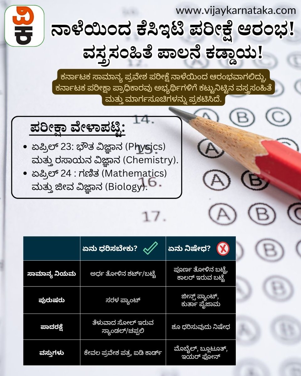 Vijaykarnataka's tweet image. ಕರ್ನಾಟಕ ಸಾಮಾನ್ಯ ಪ್ರವೇಶ ಪರೀಕ್ಷೆ (CET) ನಾಳೆಯಿಂದ (ಏಪ್ರಿಲ್ 23) ಆರಂಭವಾಗಲಿದ್ದು, ಕರ್ನಾಟಕ ಪರೀಕ್ಷಾ ಪ್ರಾಧಿಕಾರವು (KEA) ಅಭ್ಯರ್ಥಿಗಳಿಗೆ ಕಟ್ಟುನಿಟ್ಟಿನ ವಸ್ತ್ರಸಂಹಿತೆ ಮತ್ತು ಮಾರ್ಗಸೂಚಿಗಳನ್ನು ಪ್ರಕಟಿಸಿದೆ.
#karnataka #cetexam #dresscode #kcetexam