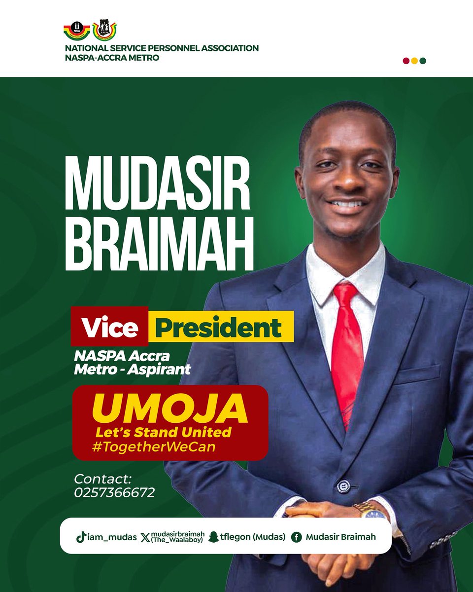 The_waalaboy's tweet image. NASPA ACCRA METRO DESERVES BETTER. AND BETTER STARTS WITH UMOJA.
MUDASIR BRAIMAH for VICE PRESIDENT.
We are stronger together. 
We win together.  
On voting day, choose unity. Choose progress. Choose MUDASIR.  

#Umoja #TogetherWeCan #NASPAAccraMetro #TeamMudas
