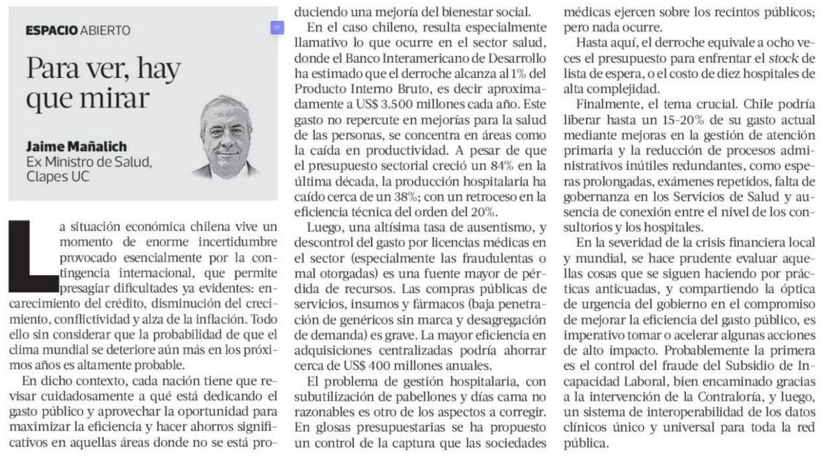 ClapesUC's tweet image. [COLUMNA @latercera] "Para ver, hay que mirar"

Nuestro investigador principal @jmanalich señaló que Chile enfrenta un derroche significativo en el sector #salud, con ineficiencia en el gasto público. Propuso mejorar la gestión y controlar el fraude para optimizar recursos y