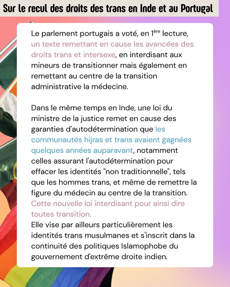 ECLATrans's tweet photo. 📰NewslesTrans, la revue d'analyse d'ECLAT ✨#1 - Recule des droits trans en Inde et au Portugal - Criminalisation de l'homosexualité au Sénégal  La nécessité de l'anti-impéralisme. 1/3
ALT https://t.co/3FkF3sFV95