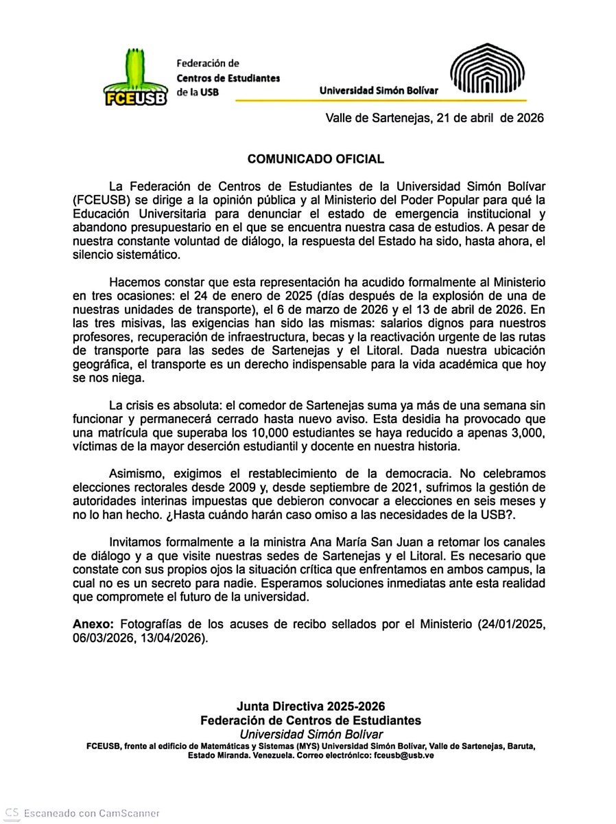 📢 | La Federación de Centros de Estudiantes de la Universidad Simón Bolívar denunció el "estado de emergencia institucional y abandono presupuestario" que atraviesa dicha casa de estudios

En un comunicado, la representación estudiantil denunció el cierre del comedor de
