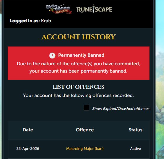 RsKrab's tweet photo. Good Morning. This morning I was banned for macroing on my account “Krab” and have yet to receive a response. I have not used any cheating related software and I would greatly appreciate if someone could look into it @JagexPheasant @JagexTrident @JagexLight @JagexGoblin https://t.co/BC5vC25vEa