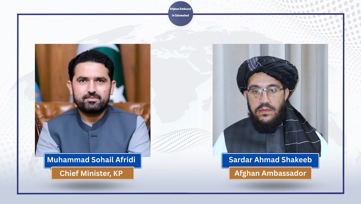 AfghanEmbPak's tweet photo. Today, the Ambassador of Afghanistan to Pakistan, H.E. Sardar Ahmad Shakeeb, held a telephone conversation with the Chief Minister of Khyber Pakhtunkhwa, H.E. Muhammad Sohail Afridi, regarding the situation of Afghan refugees in Khyber Pakhtunkhwa, particularly the condition of returnees.

The Afghan Ambassador expressed his deep appreciation to Chief Minister Afridi for his recent visit to the Hamza Baba Camp in Landi Kotal and for his directives to introduce new facilities, including the reactivation of Mobile Registration Vans (MRV). He also expressed hope that these facilities would be further expanded.

Ambassador Shakeeb further requested an increase in the number of Mobile Registration Vans (MRV), enhancement of facilities at Hamza Baba and other camps, the prompt release of thousands of stranded refugees at the Begyari Checkpoint, and, in general, the acceleration of the overall process of refugee repatriation to Afghanistan.

Chief Minister Muhammad Sohail Afridi, while thanking the Afghan Ambassador, stated that he personally oversees the situation of Afghan refugees in Khyber Pakhtunkhwa on a daily basis, particularly the registration and holding centers. He added that necessary instructions would be issued to the relevant authorities regarding the aforementioned issues to ensure their prompt resolution.