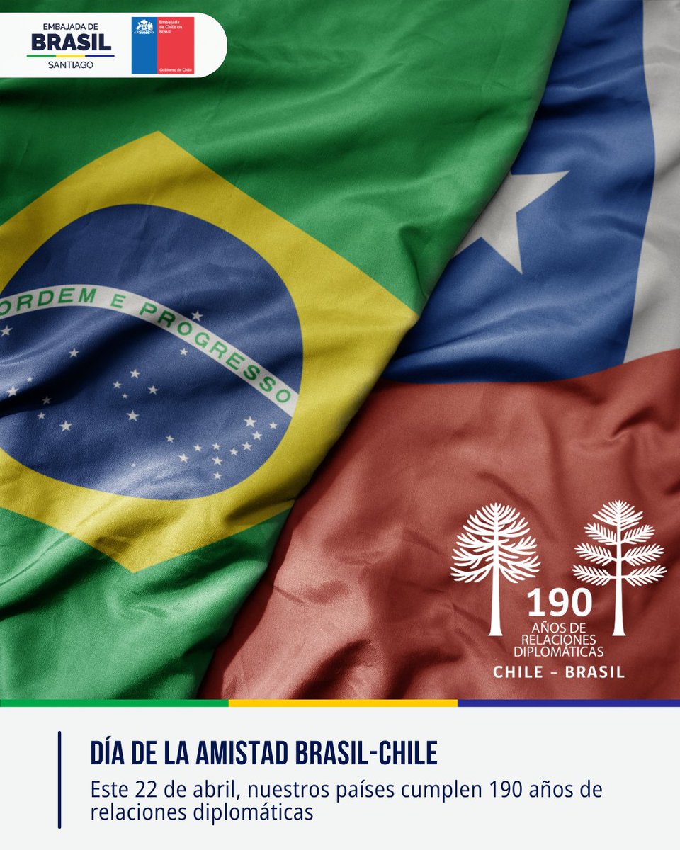 🇧🇷🇨🇱 Hay amistades que se sienten cercanas desde el primer momento y que, con los años, se vuelven aún más fuertes. La de Brasil y Chile es una de ellas.

Este 22 de abril conmemoramos 190 años desde el establecimiento de nuestras relaciones diplomáticas en 1836, un hito que