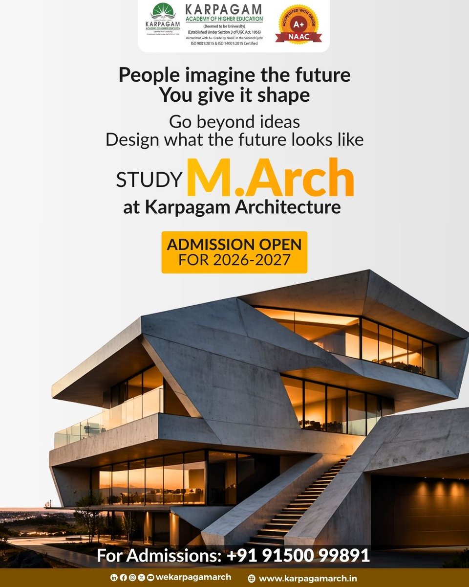 wekarpagamarch's tweet image. People imagine the future.

Ideas are just the beginning.
Architecture makes them real.

M.Arch
Admissions Open 2026
🌐 karpagamarch.in
📞 For admissions: +91 91500 99891

#Architecturedesign #Futurearchitects #Designthinking #Architecturestudents #Buildthefuture #KARCH