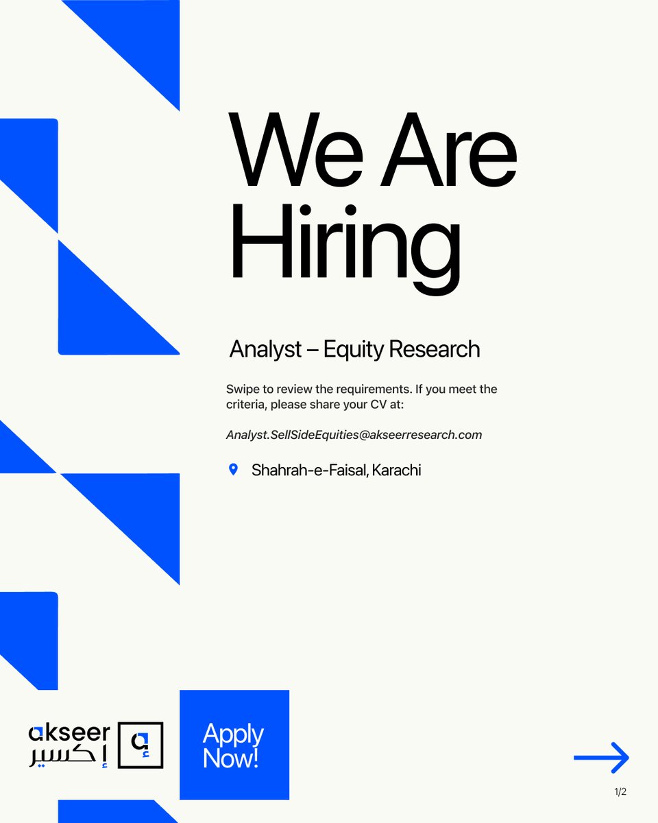 AkseerResearch's tweet image. Akseer is looking for an Analyst – Equity Research to join our growing team.

If you believe you’re a strong fit for this role, please reach out. We look forward to reviewing your application.

Apply via email: Analyst.SellSideEquities@akseerresearch.com

#Careers #TeamAkseer