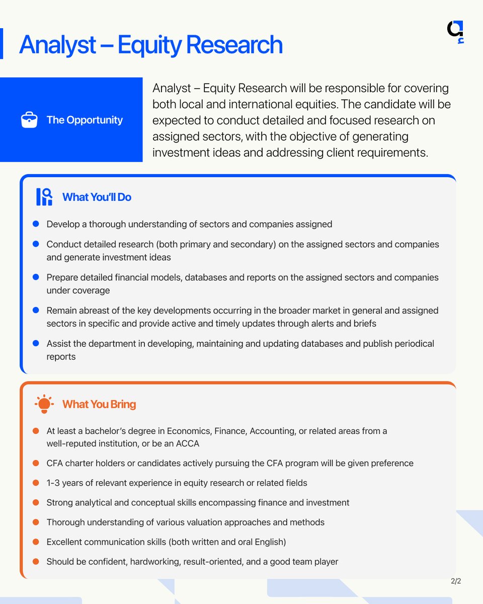 AkseerResearch's tweet image. Akseer is looking for an Analyst – Equity Research to join our growing team.

If you believe you’re a strong fit for this role, please reach out. We look forward to reviewing your application.

Apply via email: Analyst.SellSideEquities@akseerresearch.com

#Careers #TeamAkseer