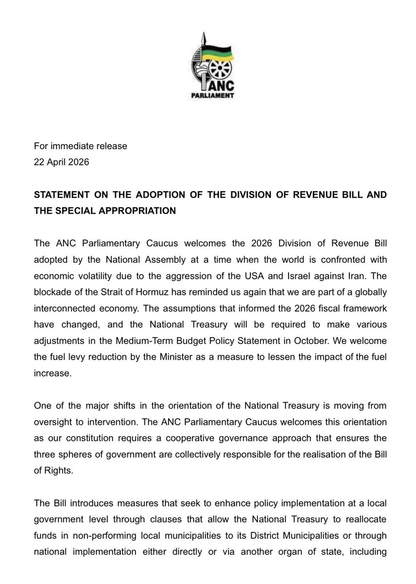 ANCParliament's tweet photo. STATEMENT ON THE ADOPTION OF THE DIVISION OF REVENUE BILL AND THE SPECIAL APPROPRIATION https://t.co/C2pVqE6VM9