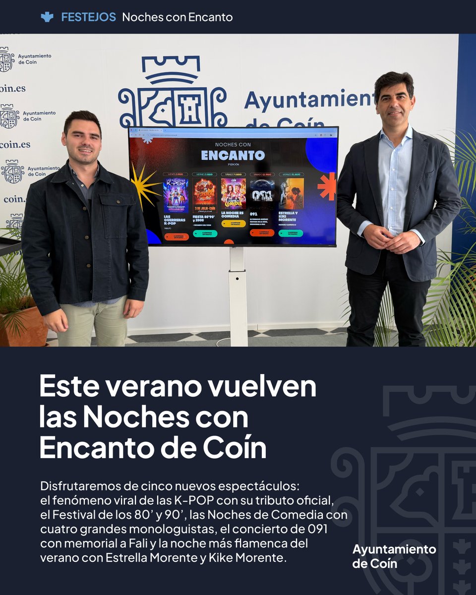 AytoCoin's tweet photo. ✨ Vuelven las Noches con Encanto de Coín ✨

El Auditorio del Parque Princesa de Asturias acogerá durante todo el mes de julio la III edición de este festival que ya es una de las grandes citas culturales del verano en nuestro municipio. https://t.co/kS9iYua2Hk