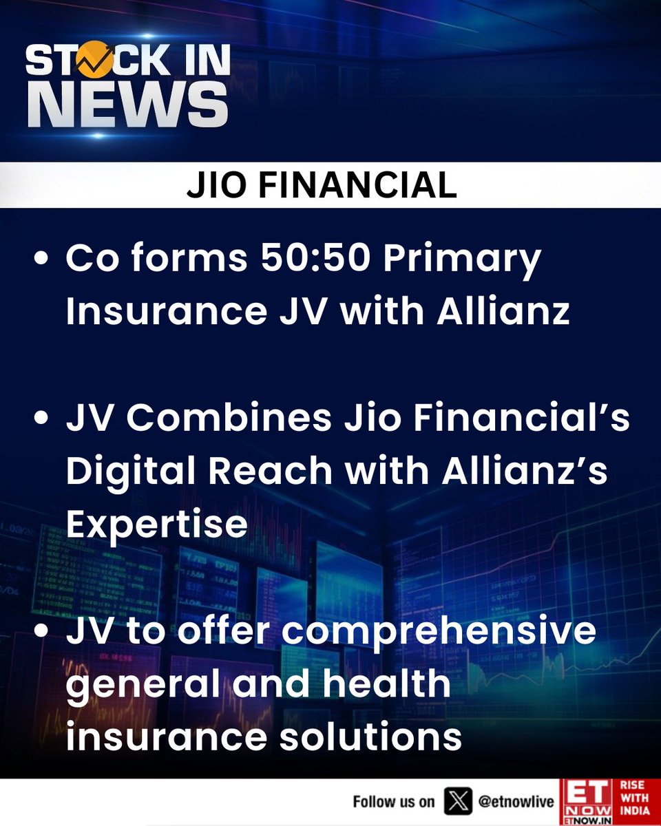ETNOWlive's tweet image. #StockInNews | Jio Financial Services and Allianz to form a 50:50 Joint Venture

@JioFinance1 #stockmarkets #StockNews