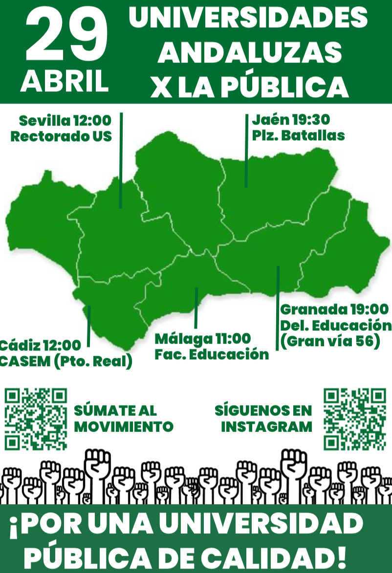 PCDefensaUJA's tweet photo. ✨🔥‼️LA LUCHA ES COMÚN‼️🔥✨

Defender la Universidad pública andaluza es un compromiso común de toda la sociedad. 

✨‼️LA UNIVERSIDAD PÚBLICA SE DEFIENDE‼️✨

✨‼️LA UJA NO SE TOCA‼️✨

✨‼️NO SE TOCA‼️✨

#LaUJANoSeToca #UniversidadPública #29DeAbril https://t.co/mR2IdCOY4M