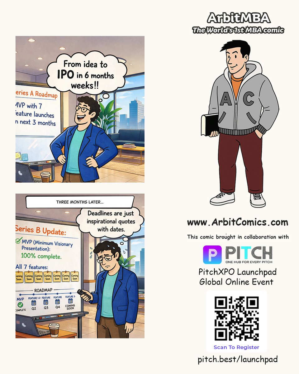 ArbitMBA's tweet photo. Vision: IPO in months.
Reality: deadlines in denial.

This comic is in collaboration with PitchXPO Launchpad (20th to 30th April - online).
Register at: https://t.co/kRqsYwhNWv

#ArbitMBA #StartupUniverse #FounderLife #StartupHumour https://t.co/qhH2Iusjev