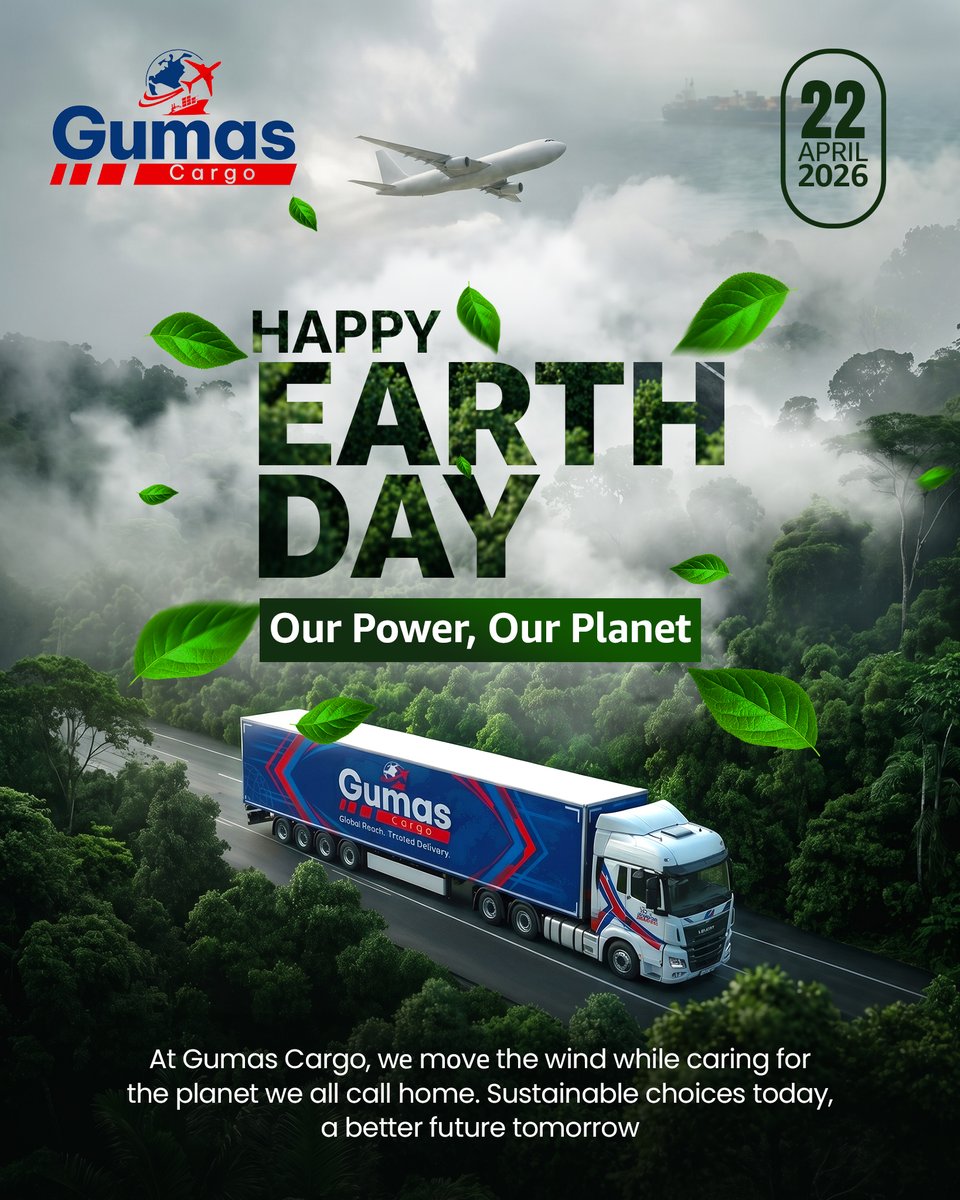 GumasCargo's tweet image. Every journey leaves a footprint.
Let’s make ours a lighter one.

This Earth Day, we commit to greener, more responsible logistics — together.

Our Power. Our Planet

#EarthDay #GoGreen #SustainableLogistics #BetterTomorrow