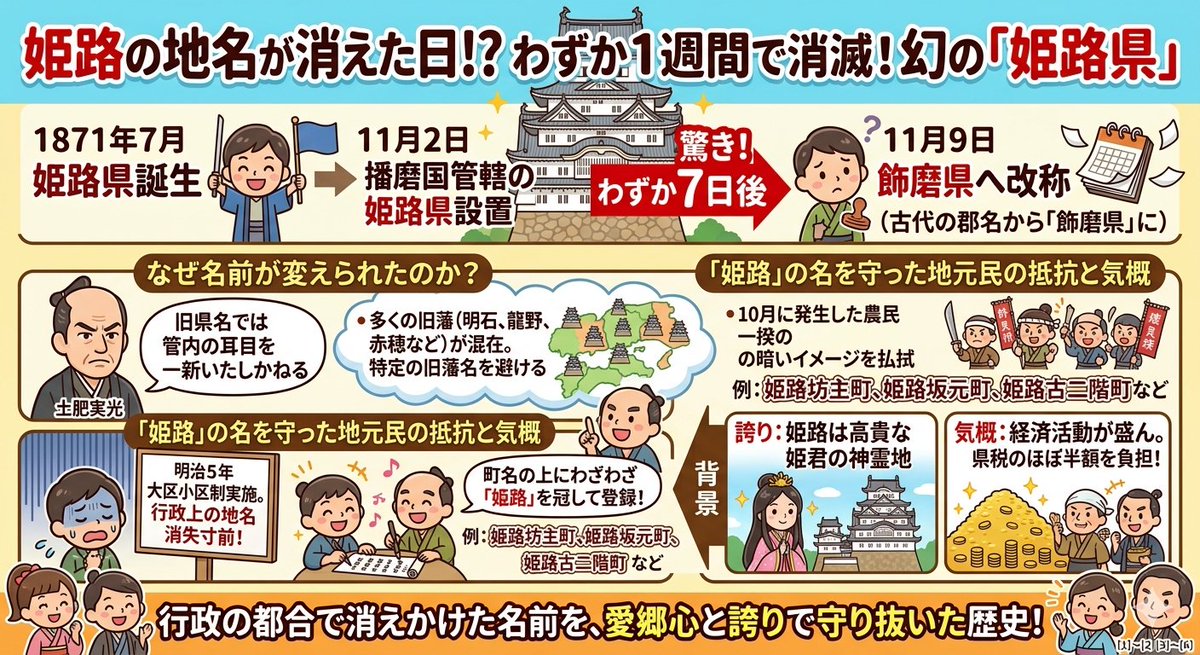 「姫路」ってなんかええ響きやん？
実はこの名前、実は明治時代に消滅しかけたんや

行政の都合で名前が消されそうになった時、
当時の市民が意地でも残そうと、
住所の上に勝手に姫路って書き足して登録し続けたらしい

今私らが当たり前にこの名を呼べるのは先祖の異常な地元愛のおかげなんや！