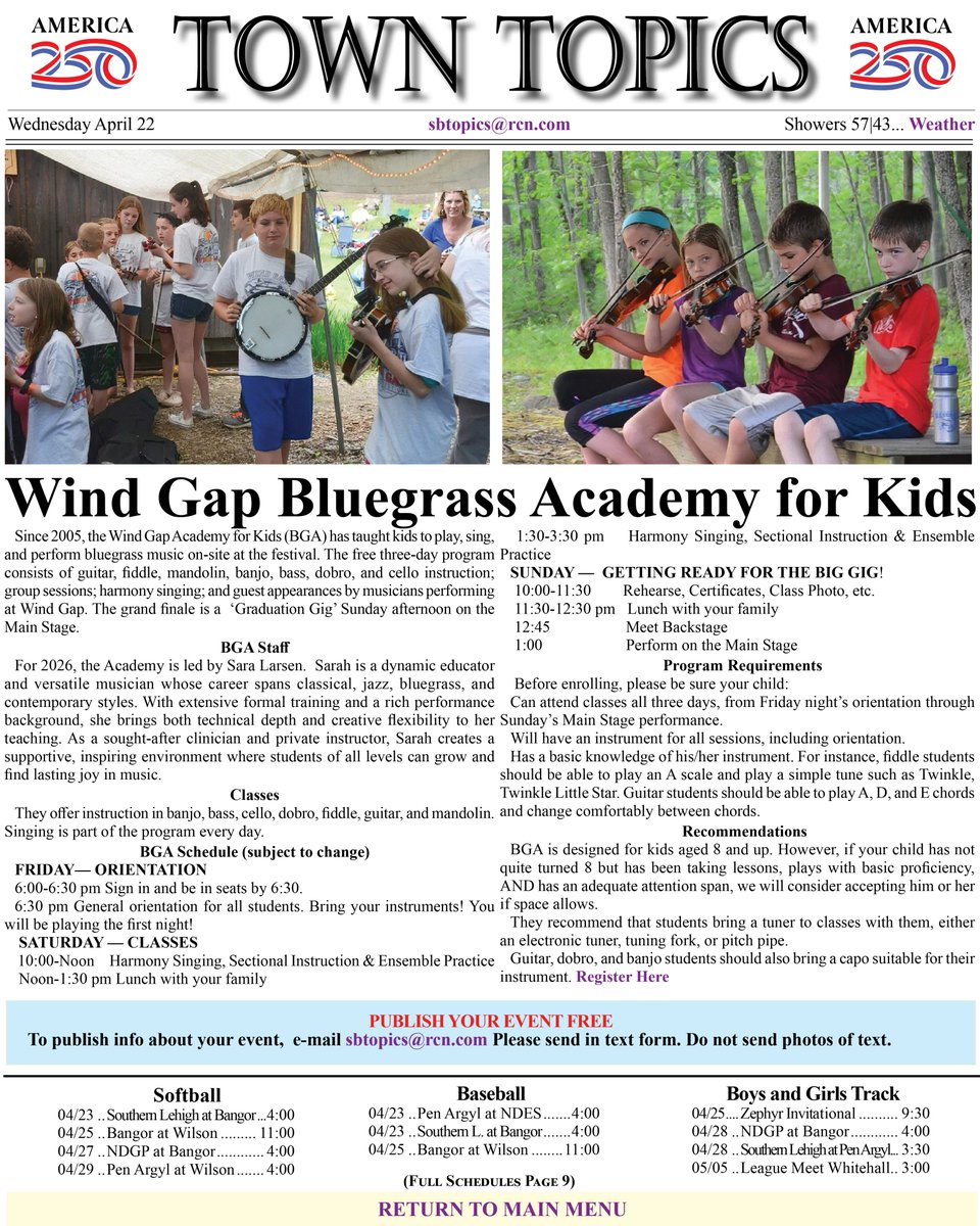 sbtopics's tweet photo. April 22 Update at https://t.co/a2D7hwcBmz .... Wind Gap Bluegrass Academy for Kids https://t.co/4x1eXatdkV