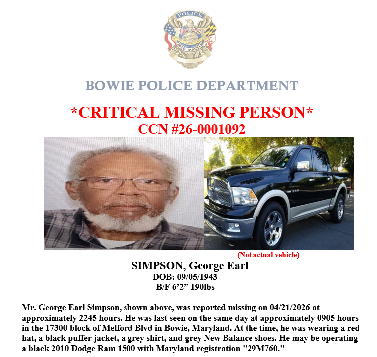 BowiePDNews's tweet image. 🚨Critical Missing Person
Anyone with information related to this incident is encouraged to contact the City of Bowie Police Department Criminal Investigations Section at 240-544-5700. To submit an anonymous tip, call our TIP LINE at 240-544-5770. #Bowie #DMV #MissingPerson