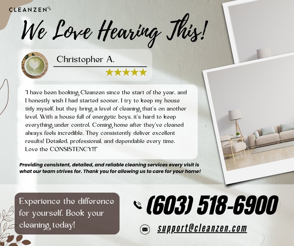 cleanzenNH's tweet image. We truly appreciate this wonderful feedback from Christopher A. 🙏 
Thank you for allowing us to care for your home! 💙✨
👉 book your cleaning today! 📅🧹
#Cleanzen #Manchester #CleanzenManchester #House #Consistent #Results #Excellence #Professionals #Feedback #ReliableClean