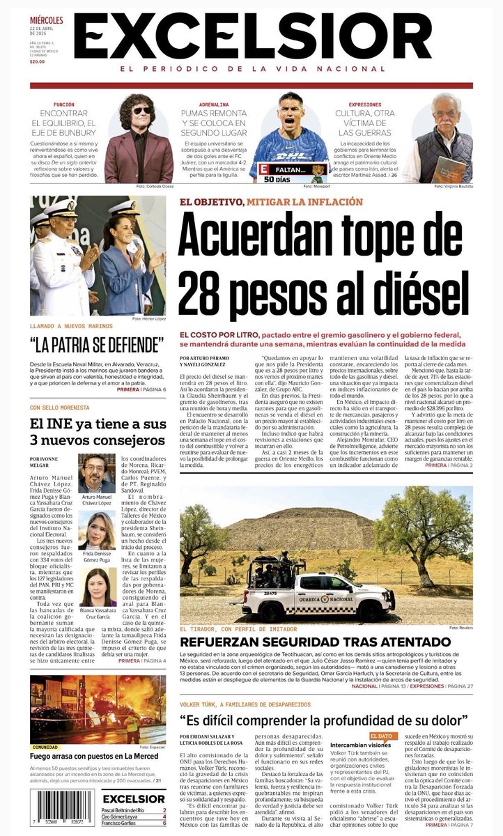 LitzianPineda's tweet photo. #PrimerasPlanas nacionales 🇲🇽 este #22DeAbril de 2026

📰 Consuma la 4T la toma del INE

📰 Andy se reactiva y Luisa María Alcalde hace las maletas

📰 Extiende EU tregua con Iran, pero mantiene el bloqueo

📰 Acuerdan tope de 28 pesos al diésel 

#FelizMiercoles ☕️ https://t.co/SM0YEMMCMM