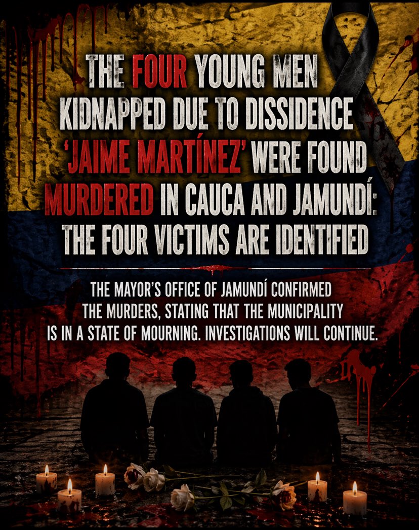 StephBatesPress's tweet image. This is what is happening in #Colombia and many people outside the country don’t know it.

On April 15, 2026, four young men were taken by force by armed guerrilla members. On April 21, they were found murdered.

The world needs to know: in Colombia, young people are being killed