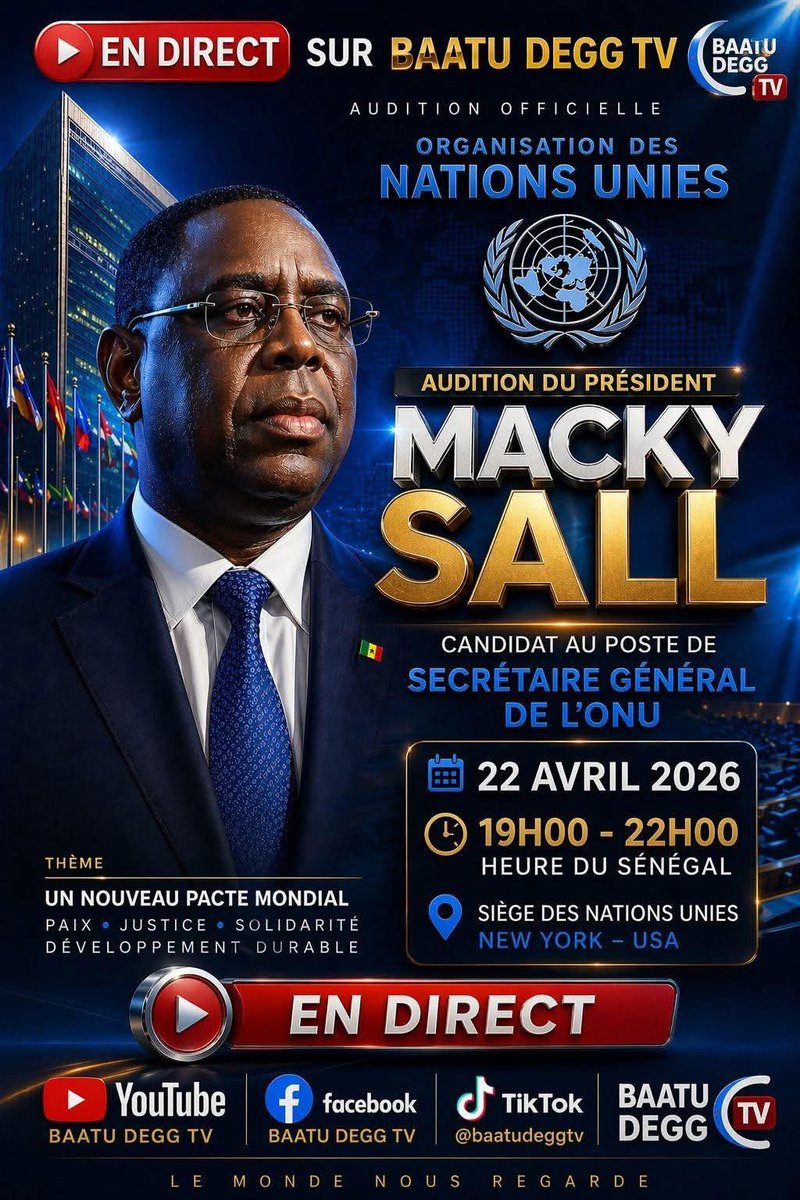 chachafaye001's tweet image. A ne surtout pas rater, le grand  visionnaire son  #Excellence @Macky_Sall future #SG de l'#ONU fera son audition officielle à partir de 19h
