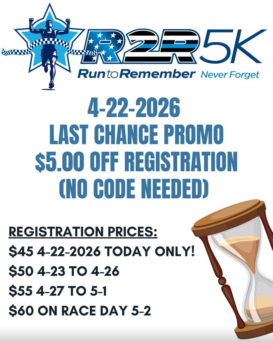 cpdmemorial's tweet photo. Today's the last chance to get $5.00 off your Run to Remember registration.  Prices go UP on the 23rd and UP on race day.  Register today:https://t.co/jsN9b6vmqI https://t.co/PCQhu1DzuE