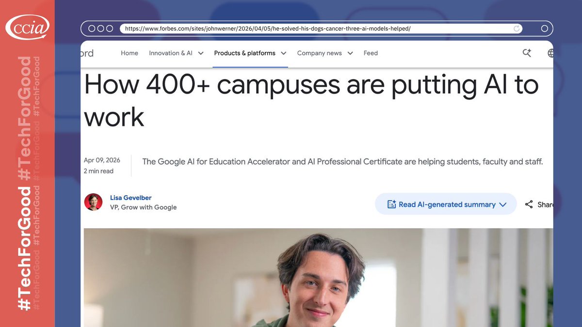 ccianet's tweet image. .@Google is empowering the next generation of innovators. Through its new #AI for Education Accelerator, over 400 college campuses are providing practical AI training, giving students the job-ready skills they need to succeed in the future workforce. #TechForGood