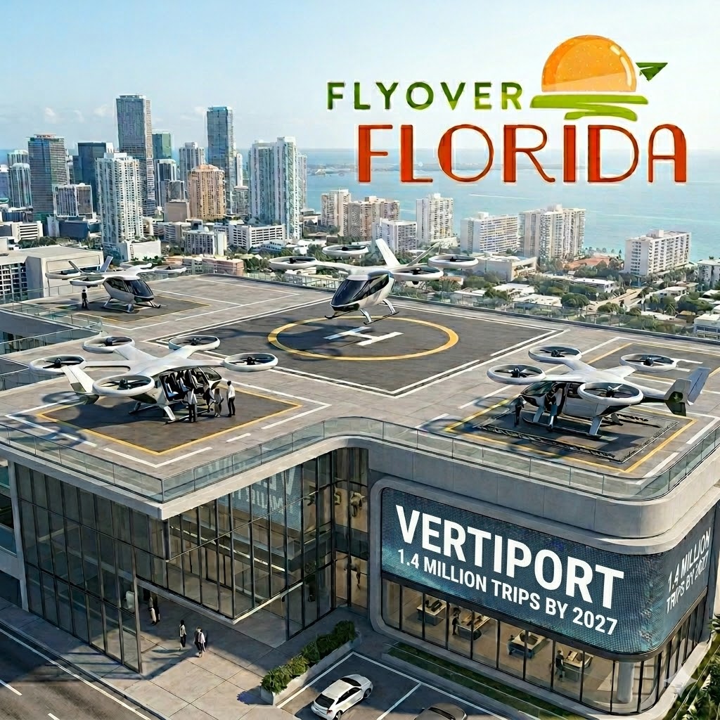 FlyoverFlorida's tweet photo. 🚀 Florida is taking to the skies! 🚁

Big news for the Sunshine State: Governor Ron DeSantis just signed a law to fast-track the building of vertiports—the specialized hubs needed for electric flying taxis (eVTOLs). https://t.co/n2u1b885dJ
