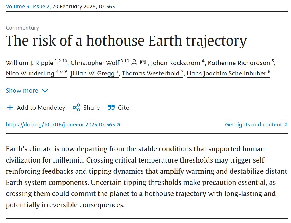 "Earth’s climate is now departing from the stable conditions that supported human civilization for millennia … crossing [tipping thresholds] could commit the planet to a hothouse trajectory with long-lasting and potentially irreversible consequences."