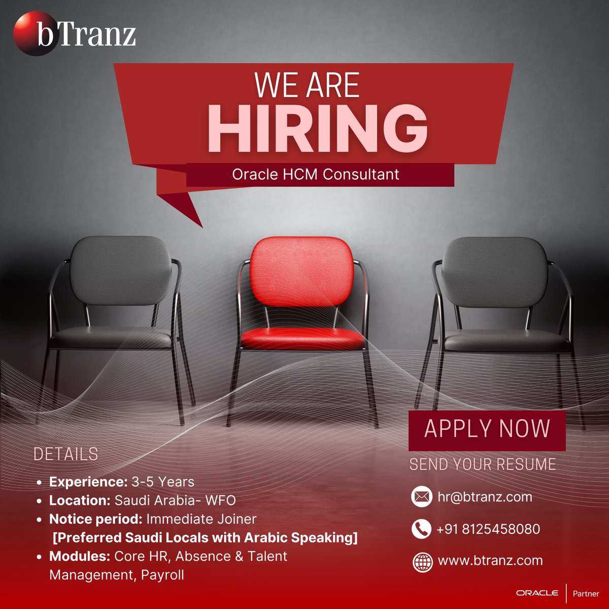 _bTranz's tweet image. 𝐇𝐈𝐑𝐈𝐍𝐆!!

We are hiring an experienced Oracle HCM Consultant with Arabic language proficiency to join our growing team. 

Send your CV to: hr@btranz.com

Join us to collaborate with HR leaders, deliver Oracle HCM solutions

#OracleHCM #OracleCloud #bTranz #ArabicSpeaking