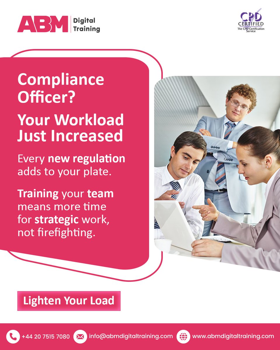 ABMDigiTraining's tweet image. Compliance workload growing? 📈

Train your team.
Reduce pressure.
Stay compliant.

👉 Lighten your load with CPD-certified courses.
🌐 abmdigitaltraining.com
📧 info@abmdigitaltraining.com

#Compliance #CPD #Training #UKBusiness #AML