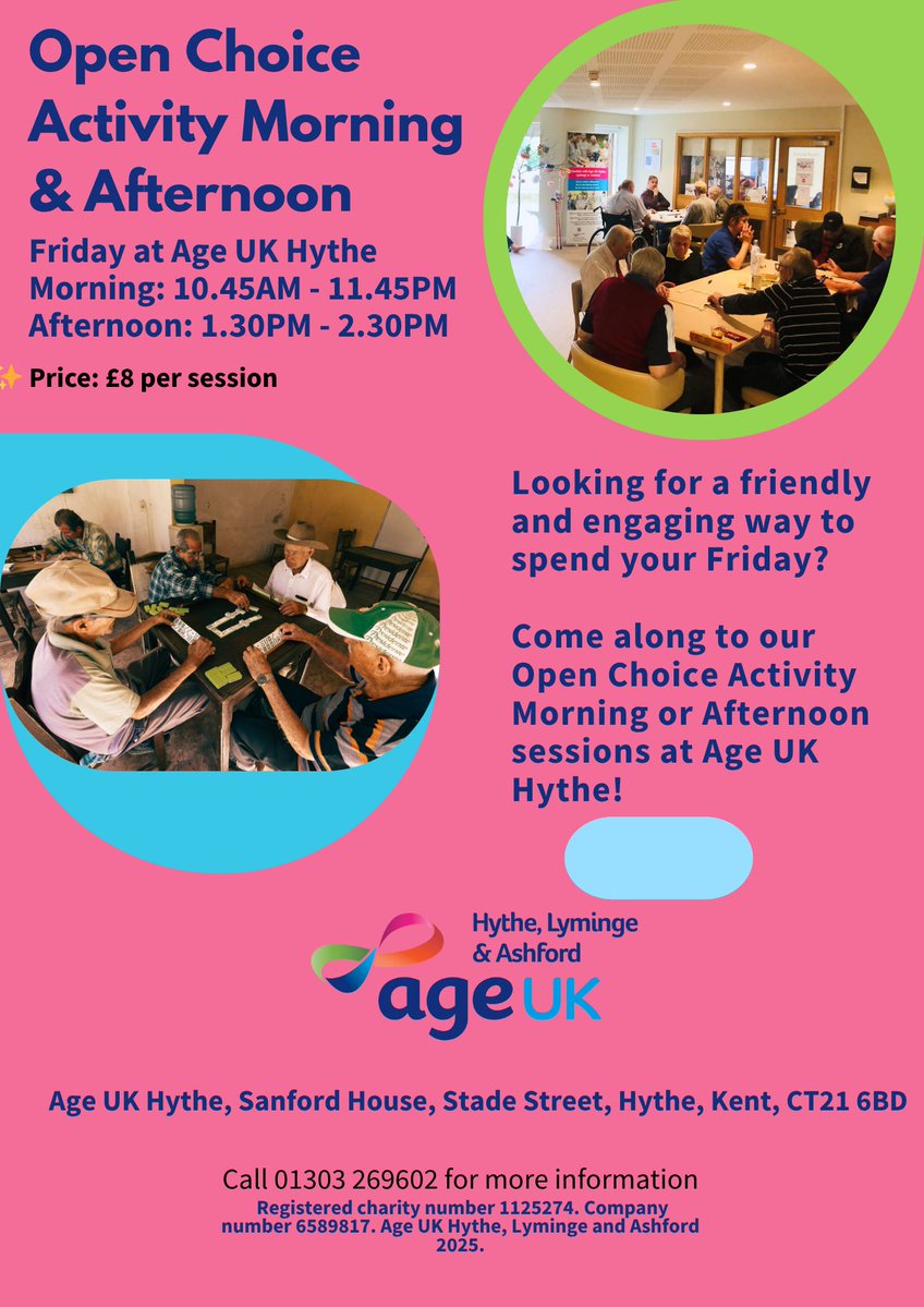AgeUKHL's tweet image. 🎉 Open Choice Activity Sessions – Fridays!

🕥 10:45–11:45am
🕜 1:30–2:30pm
💷 £8

📍 Age UK Hythe, Sanford House, Stade Street, Hythe, Kent, CT21 6BD

Arts, games, quizzes &amp;amp; social time ☕

📞 01303 269602
📧 admin@ageukhla.org.uk

#Hythe #KentEvents #AgeUK #Community