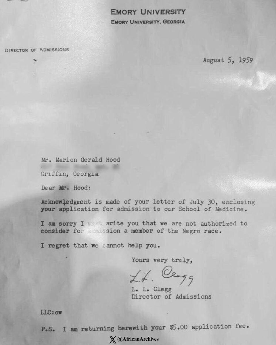 AfricanArchives's tweet image. In 1959, Marion Hood received rejection letter from Emory University that said, “I am sorry I must write you that we are not authorized to consider for admission a member of the Negro race.”

In 2021, Emory publicly apologized to Dr. Hood.