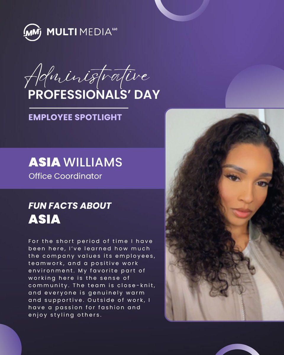 Today, we’re celebrating the incredible people who keep everything running smoothly behind the scenes 💼✨ In honor of Administrative Professionals' Day, we’re proud to shine a spotlight on our amazing LA Office Coordinator, Asia Williams!