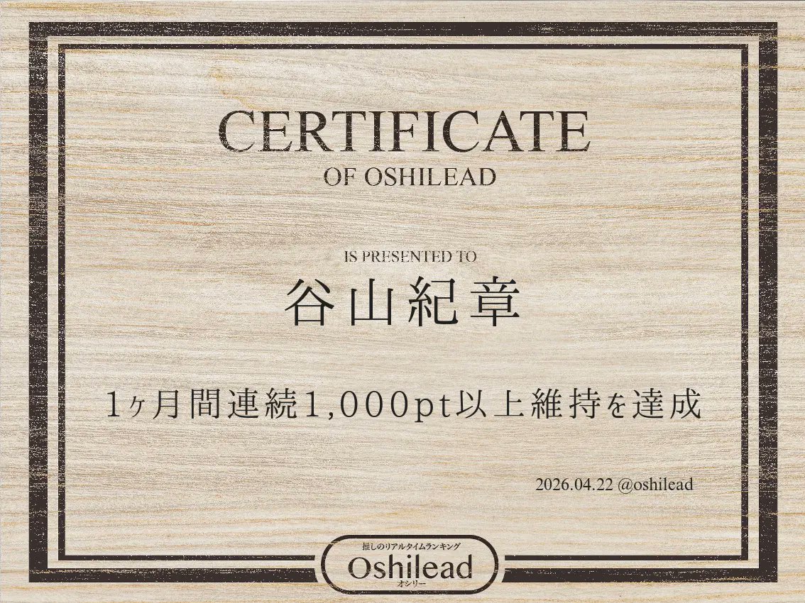 oshilead's tweet photo. 【🏅本日のオシリーアワード🏅】
速報です！#谷山紀章 さんが数多の推し中で #1ヶ月間連続1000pt以上維持 を達成しました。おめでとうございます。
もっと推す→https://t.co/rFRC4Aoy8S https://t.co/7hIdgoNkVl