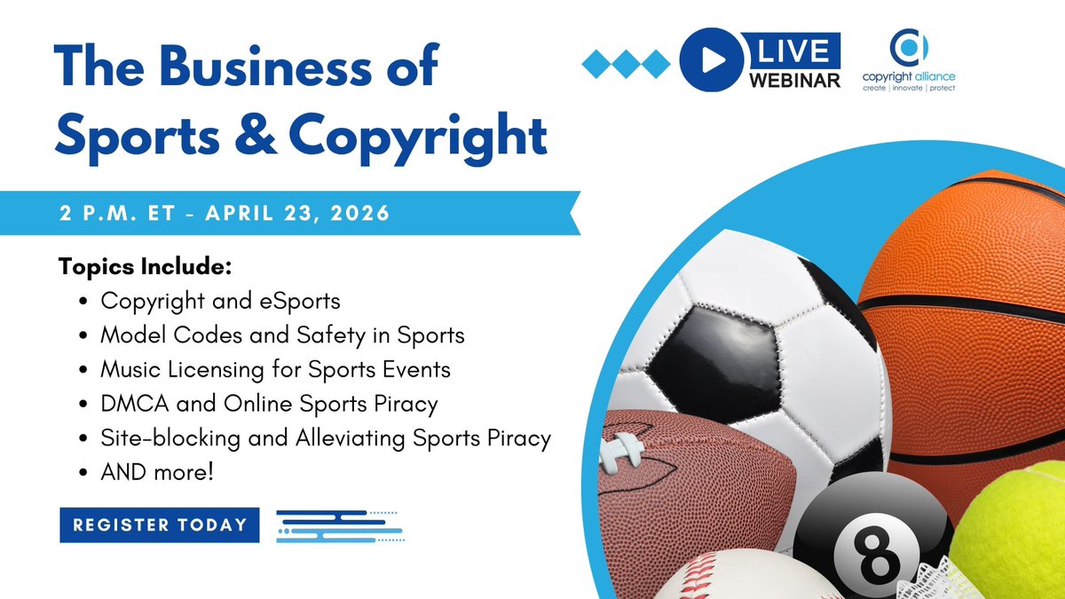 Unite4Copyright's tweet image. Tomorrow, April 23, at 2 pm ET, we'll host a WIPD event titled The Business of Sports and #Copyright. We'll discuss everything from how #copyright applies to eSports to how codes and standards keep #sports events safe. Learn more and register here: us06web.zoom.us/webinar/regist…