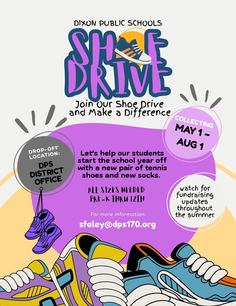 WashSchool's tweet photo. Dixon Public Schools Shoe Drive will be collecting new shoes and new socks starting May 1st-August 1st, 2026. Please see the attached flyer for more information. https://t.co/fwIbS2wMUo