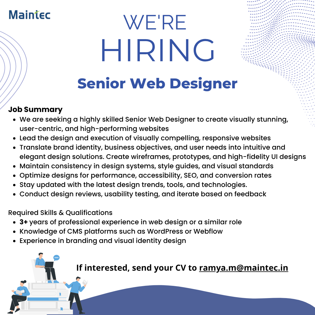 Maintec_Tech's tweet photo. We are hiring!

Senior Web Designer

Experience- 3+ years
Full Time/Consultant 

If interested, share your resume with ramya.m@maintec.in 

#Job2026 #jobsearching #jobs #jobopportunities #jobsearch #webdesigner #hiring #hiringalert #maintec https://t.co/cHKWRzAmQb