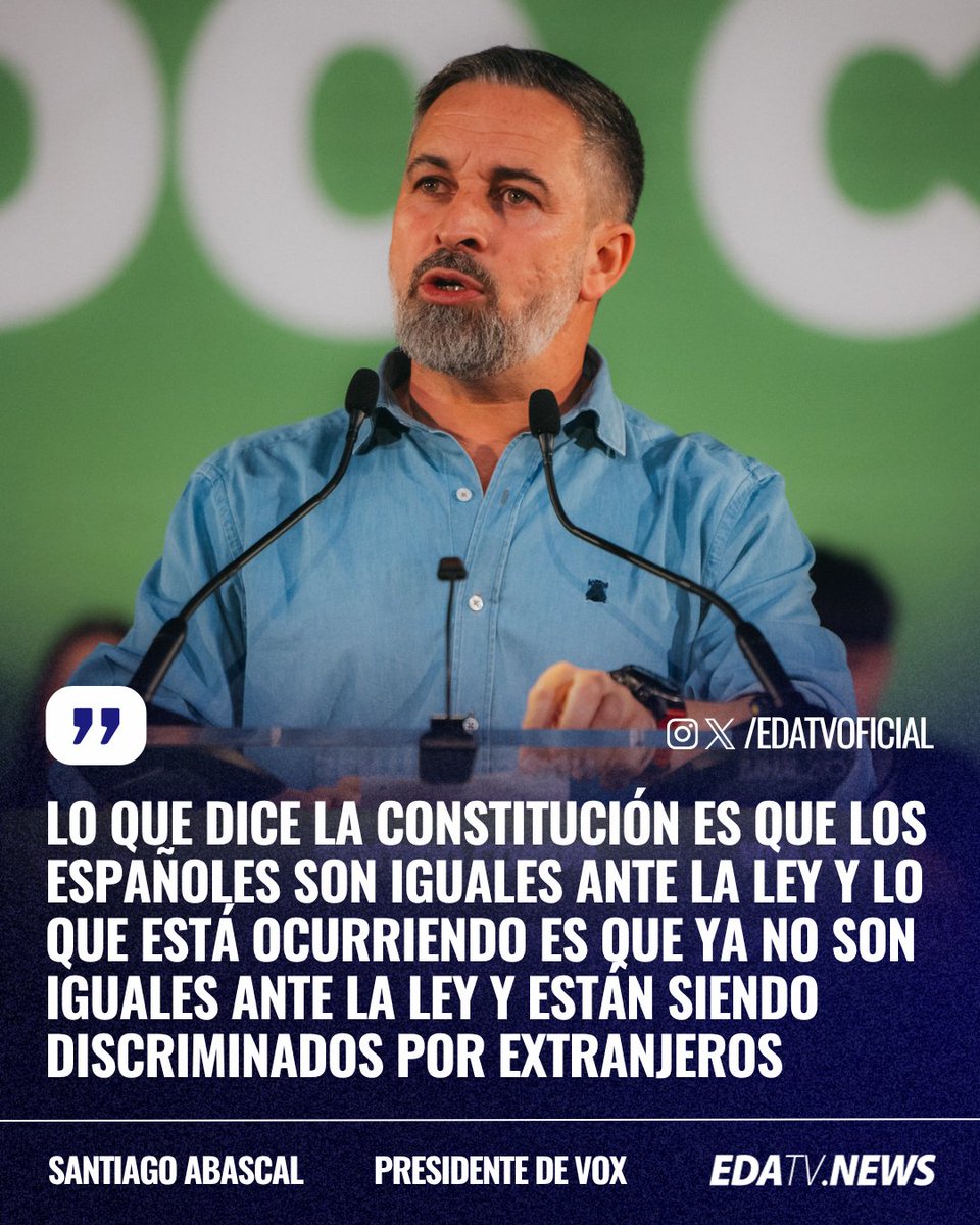 edatvoficial's tweet image. ‼️🇪🇸 | #AHORA Santiago Abascal responde a las acusaciones de "ilegalidad" de la prioridad nacional: "Lo que dice la Constitución es que los españoles son iguales ante la ley y lo que está ocurriendo es que ya no son iguales ante la ley y están siendo discriminados por