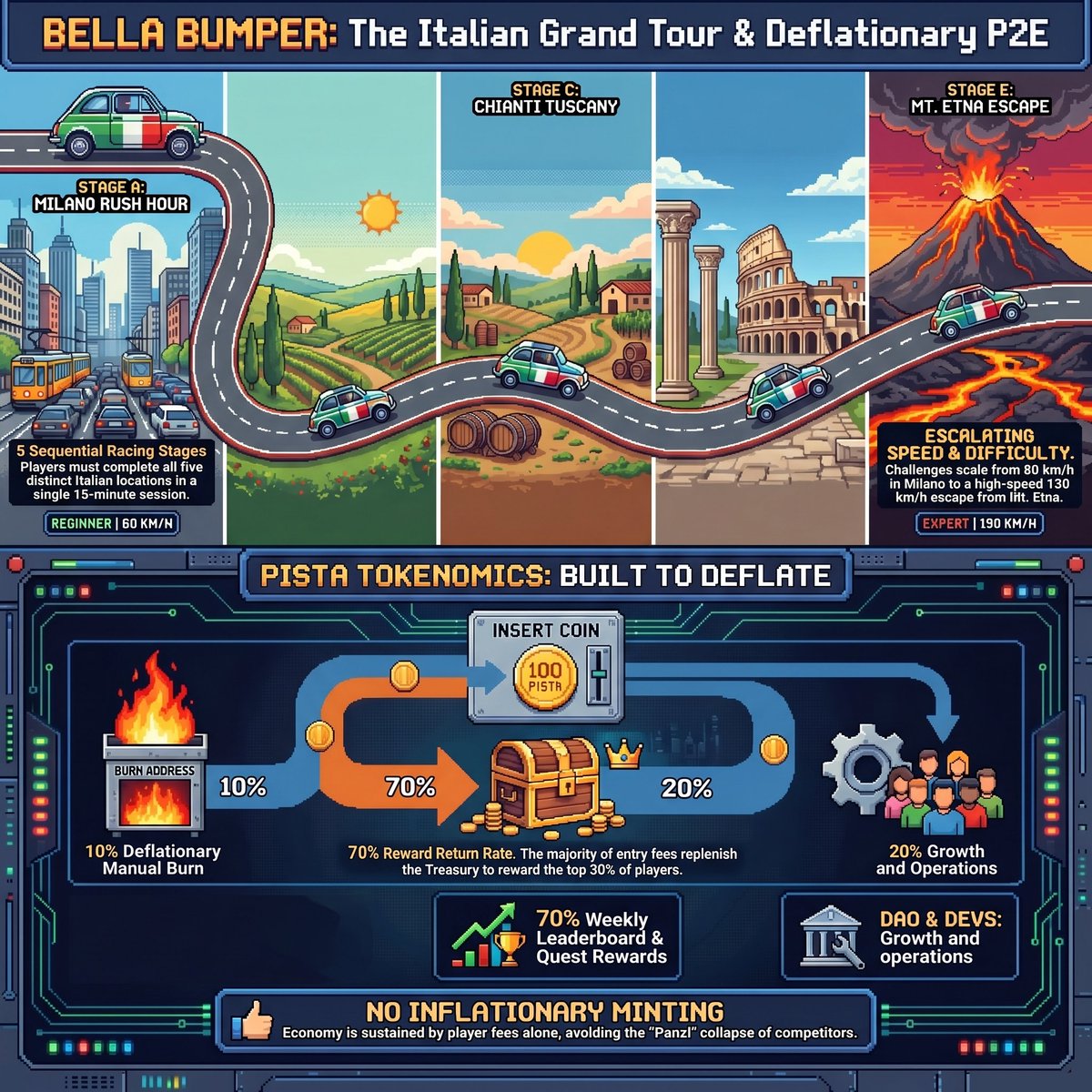 playbellabumper's tweet image. We took a 1960s Italian city car.
We put it on a Solana blockchain.
What happens if skill, and only skill, determines who earns? No pay-to-win existed to exploit.

The experiment is called Bella Bumper.
The reward token is called $PISTA.
The results are public. On-chain.