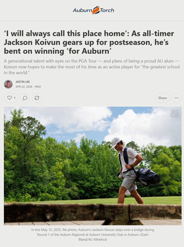ByJustinLee's tweet photo. “I just think it’s the greatest school in the world.”

Whether it has “hit” most Auburn fans or not, the world’s No. 1 amateur loves Auburn just like they do. Bo, Barkley and Cam are on his Mount Rushmore.

With a whirlwind pro career ahead, for now, his goal is to win for Auburn https://t.co/7Rp5RQX78s