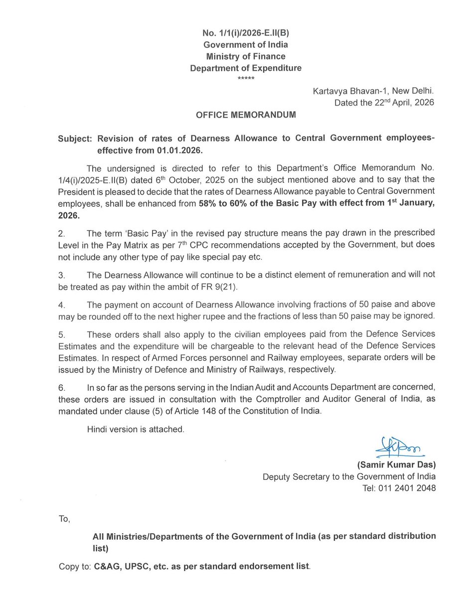 Paramilitary_in's tweet image. वित्त मंत्रालय ने केंद्र सरकार के कर्मचारियों के लिए DA ऑर्डर जारी किया। महंगाई भत्ता बेसिक सैलरी के 58% से बढ़ाकर 60% कर दिया गया है, जो 01.01.26 से लागू होगा। खर्च विभाग ने ऑर्डर जारी किया है। एरियर जनवरी 2026 से देना होगा।

#DANews #DAHikeNews #DAHike #DAIncrease #DAUpdate