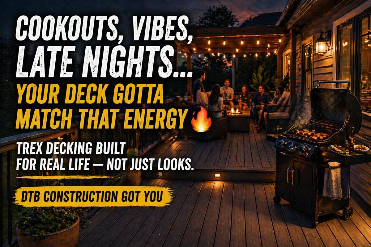 DTBConstru7190's tweet image. Cookouts, vibes, late nights…
Your deck gotta match that energy 🔥

Trex decking built for real life — not just looks.
DTB Construction got you

#BackyardVibes #TrexDecking #SummerReady #DTBConstruction