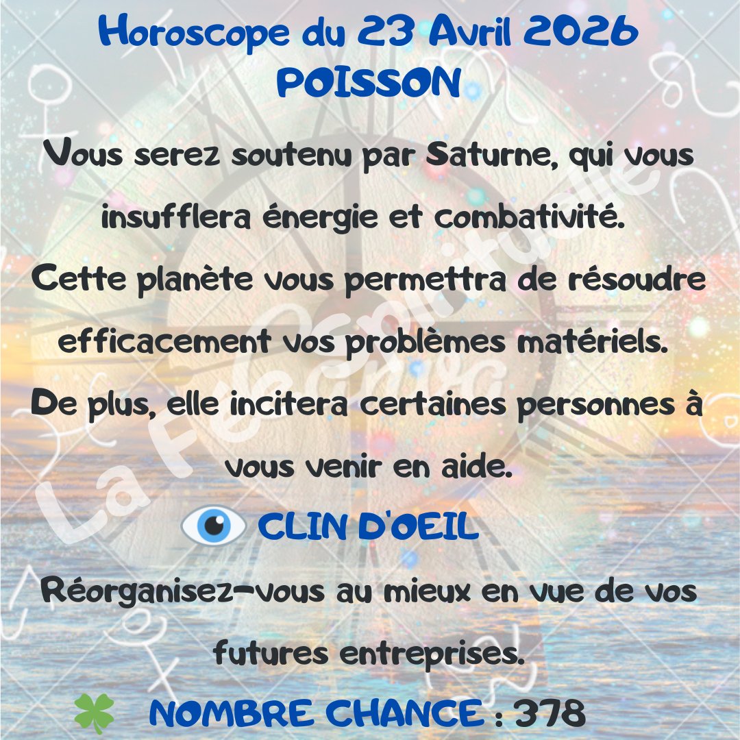 feespirituelle's tweet image. Votre horoscope pour ce jeudi 23 Avril 2026.
#TAUREAU #CAPRICORNE #BALANCE #poisson
🔮 lafeespirituelle.fr🔮