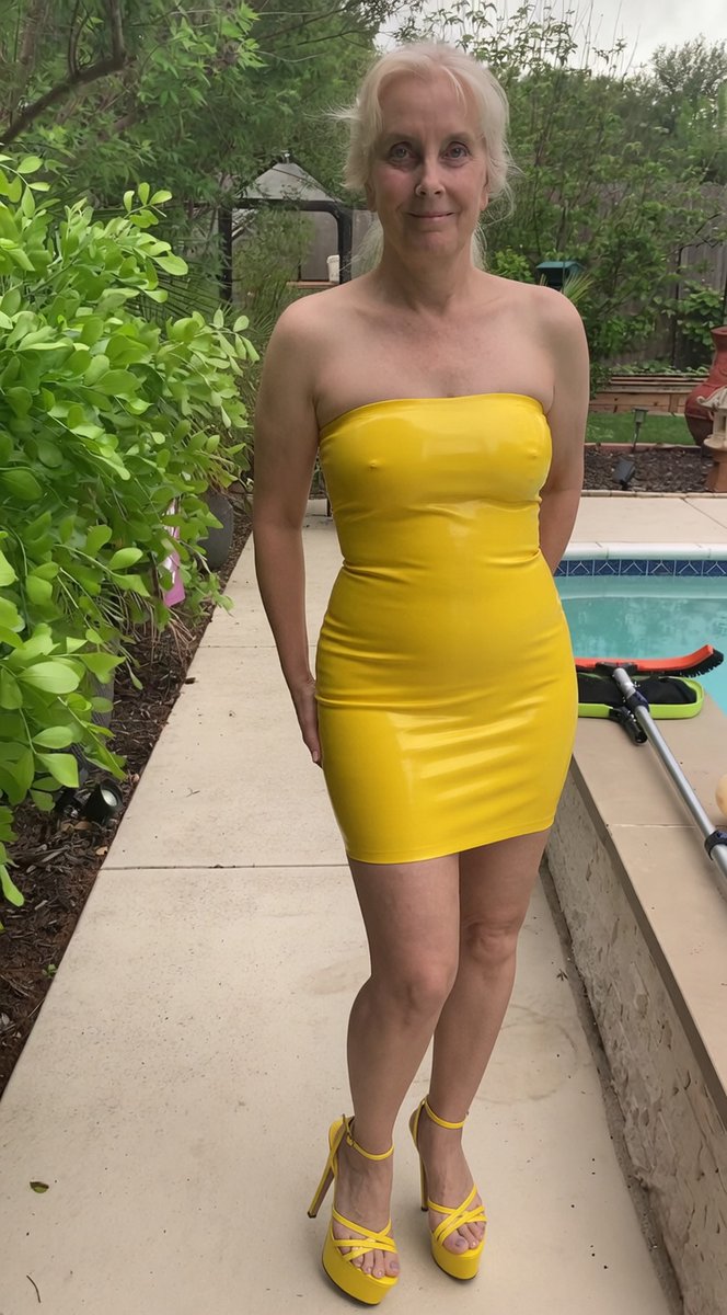 BikiniDawn69's tweet image. I love this dress and gonna wear it out alot, I think I still got it for 60! #latex, #yellow, #model, #sexy. #cougar