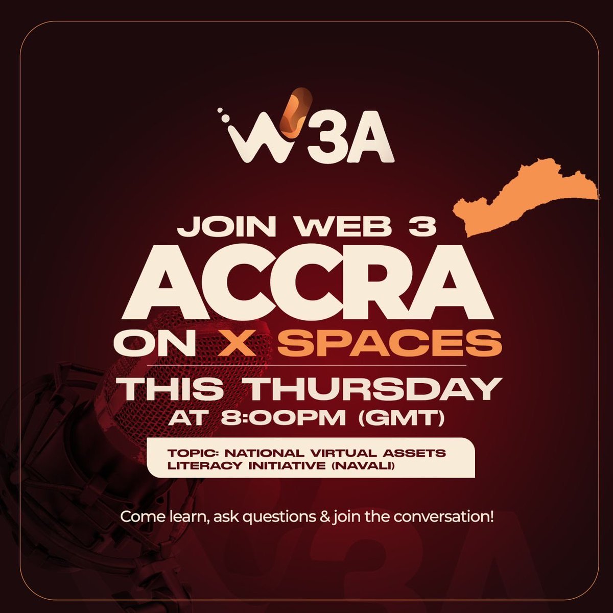 Web3accra's tweet photo. 📢 Heads up fam!
Join us on X Spaces this Thursday at 8:00PM (GMT) 🎙️
Topic: National Virtual Assets Literacy Initiative (NaVALI) -(https://t.co/sKn3YSgg4h)
Come learn, ask questions &amp; join the conversation!

Link :https://t.co/KSC7Y4XypA https://t.co/7hVawlD0cc