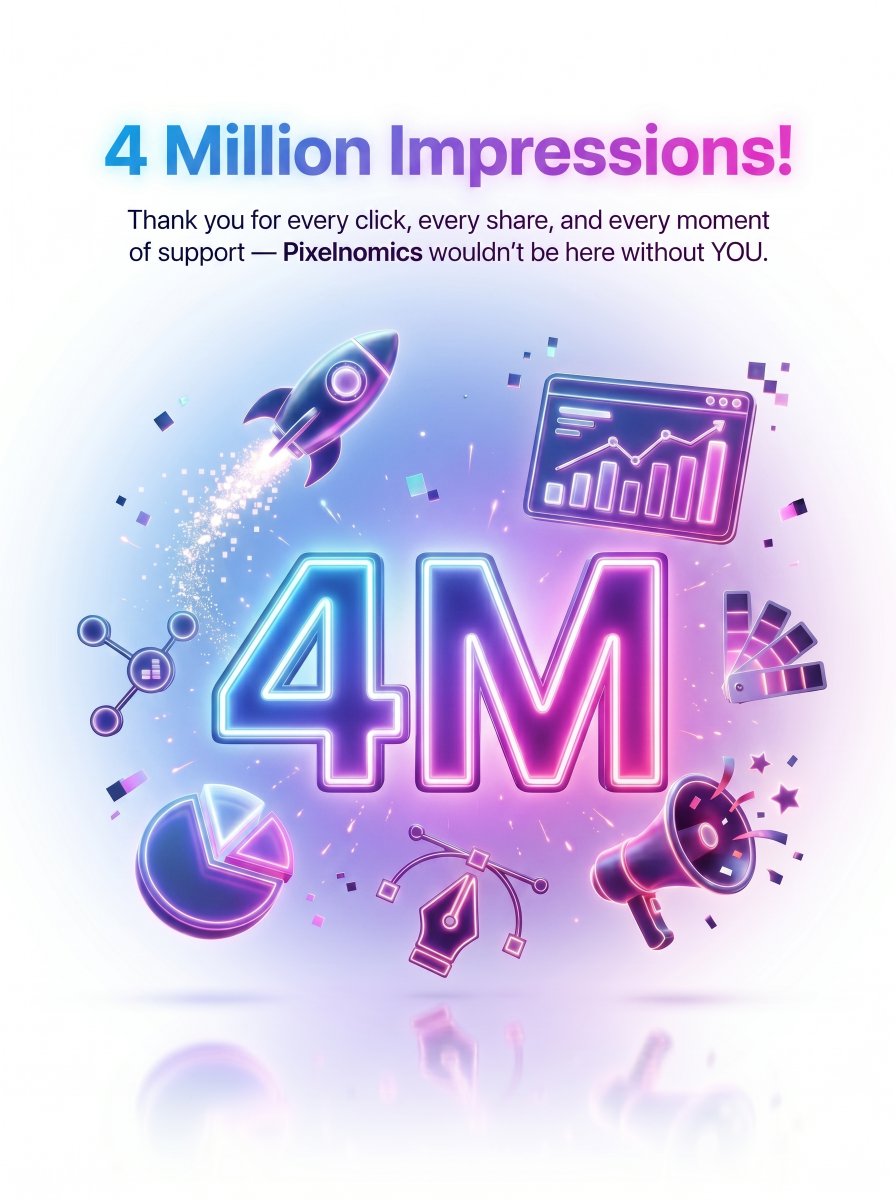 PixelnomicsX's tweet image. ✨ 4 Million Impressions — We keep growing TOGETHER.
Every like, every share, every second you spent on our content — it all adds up to this. THANK YOU for making Pixelnomics what it is. 🚀
The best is still ahead. Stay locked in. 💡
#Pixelnomics #4MImpressions #DigitalMarketing