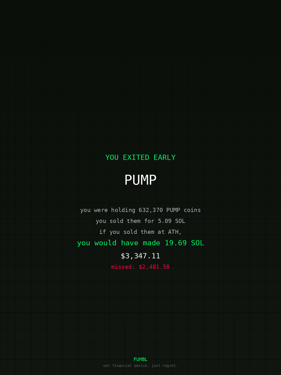 Njabulobhabha's tweet image. Went to fumbledbags.com and saw I missed generational wealth on $PUMP 
coulda retired the fam 

99kDGDi5Q655ctCAsxfyGSnws8qUwx3KPHF3t5nhCSAZ 
#trust
#idea