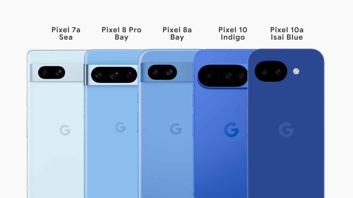 googlejapan's tweet image. Google Pixel 10a にて、日本限定モデルの Isai Blue が登場したので、過去の Blue カラーを並べてみた↓

だんだん色濃くなっている…？