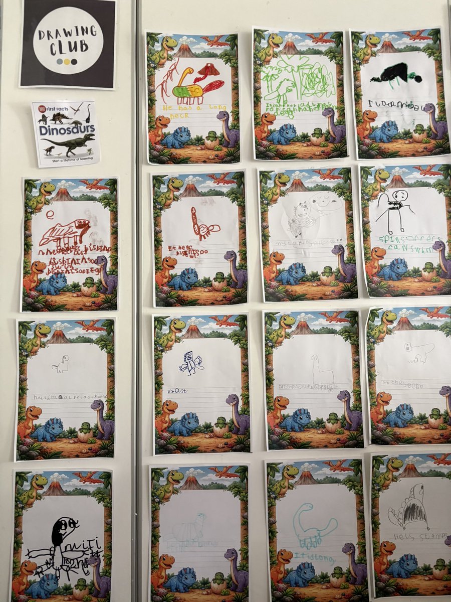 MrsGriffiths7's tweet image. Our first drawing club of the half term, we are colouring a nonfiction book so lots of brilliant vocabulary! In drawing club we drew a dinosaur and named/ described it 🦖🦕 #eyfs #drawingclub #dinosaur
