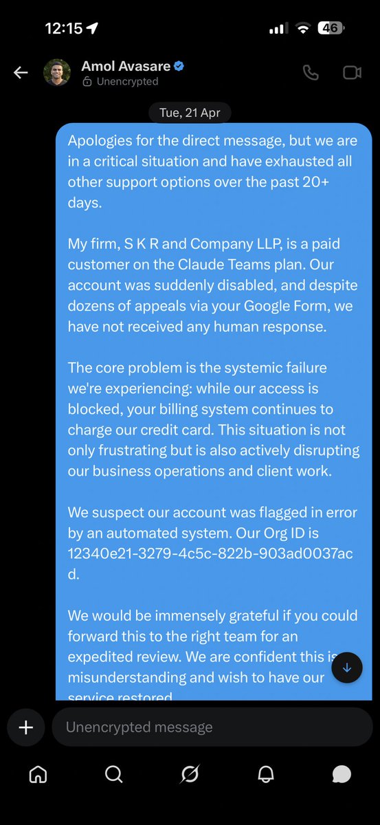 a_suneel's tweet photo. Seeking direct assistance on the matter @TheAmolAvasare ! Had sent a message over chat too but didn’t get a reply. 

Need urgent help ! Claude has just taken away access despite our payments with no reason. #claude #anthropic #appeal https://t.co/ERxtTBvUxC